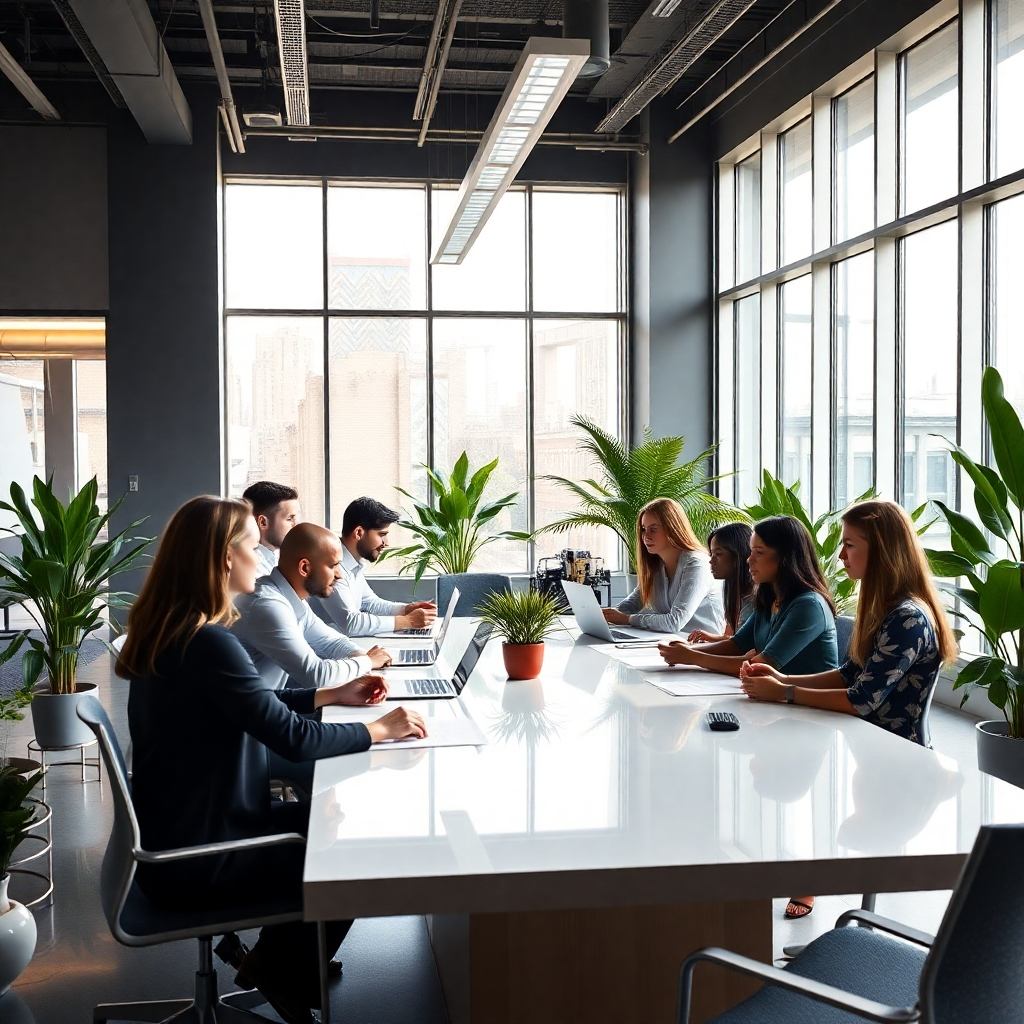 A sleek, modern office space with diverse professionals collaborating around a large table. Include large windows that show natural light streaming in, green plants in the corners, and contemporary design elements to create an inspiring work environment.