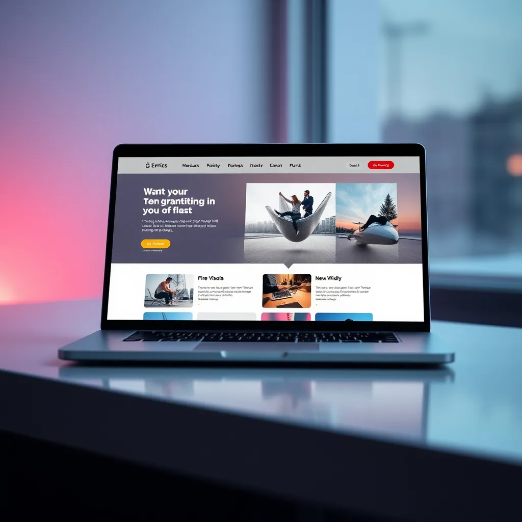 A sleek, modern web design layout showcased on a laptop screen. It features a clean interface with easy navigation, highlighted sections for key functionalities, and vibrant visuals. The background should be softly blurred to emphasize the laptop and its content.