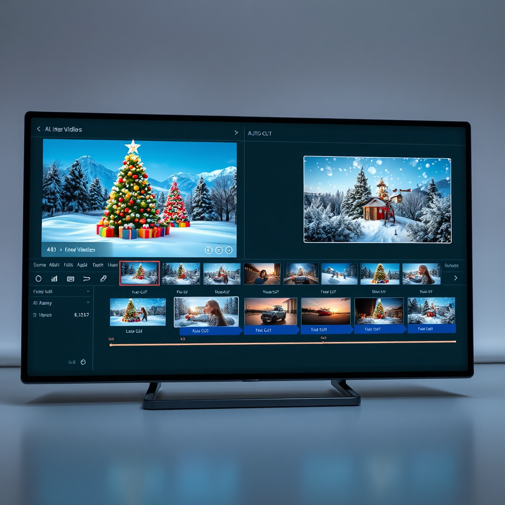 A sleek, modern interface of a video editing application is displayed. Christmas-themed video clips are arranged on a timeline, with AI-powered tools highlighted, such as auto-cut and scene detection. Clean, bright lighting emphasizes the user-friendly design. The overall style is professional and efficient, conveying ease of use. Technical specs: 4K resolution, sharp details.