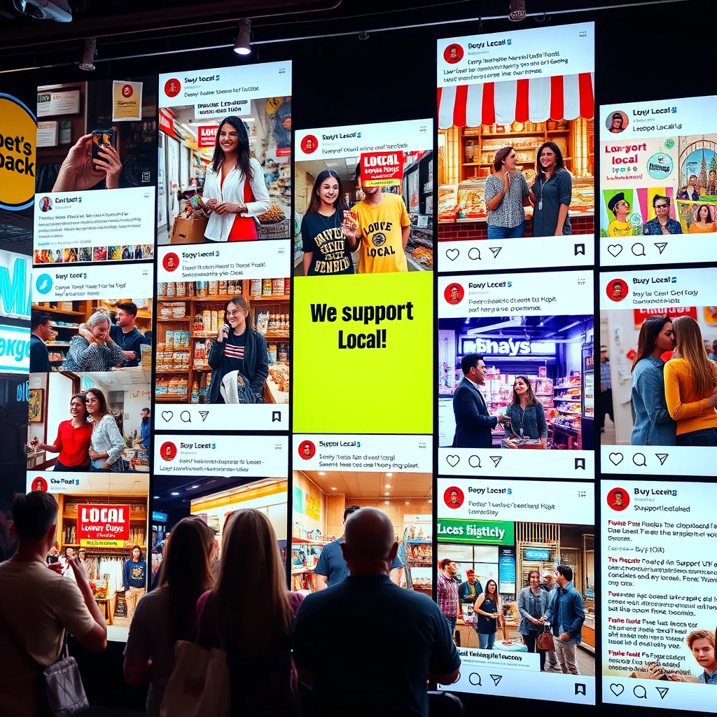 A social media scene displaying a variety of vibrant posts promoting local businesses. Influencers taking pictures with local shop owners and their products, hashtags like #SupportLocal and #BuyLocal trending, and an engaging community discussion in the comment sections.