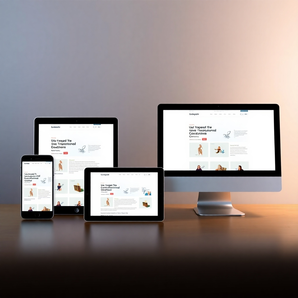 A split-screen illustration showing the same website layout on different devices: a smartphone, a tablet, and a desktop computer. Each device displays the website with harmonious design elements, illustrating usability across platforms.