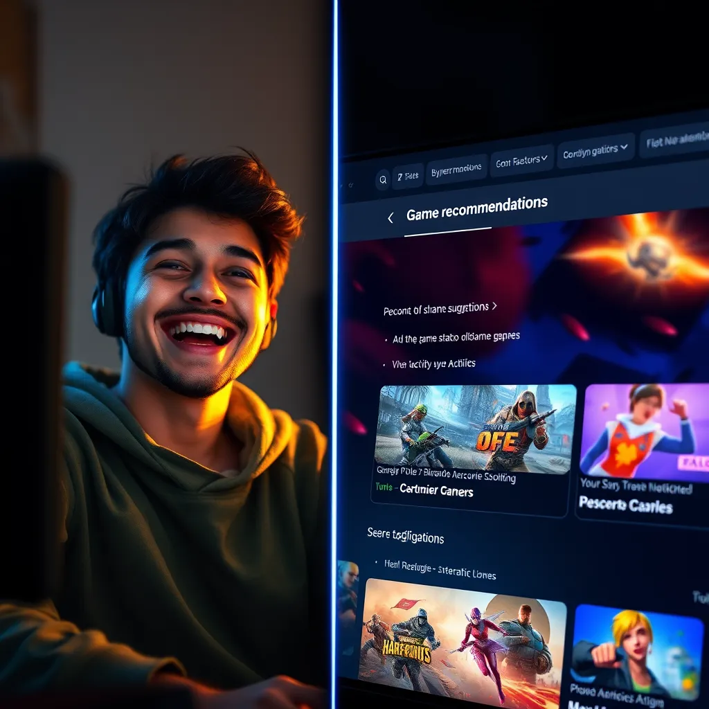 A split-screen image showing a gamer on the left side joyfully receiving personalized game recommendations on a glowing screen. The right side displays a visually appealing interface with dynamic game suggestions based on user activity and preferences, illustrated with colorful graphics.