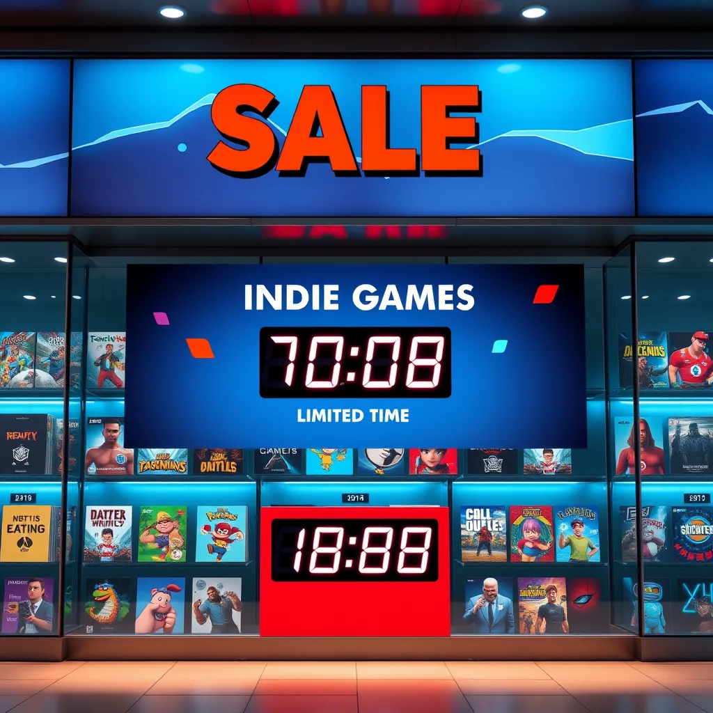 A striking image of a digital storefront displaying a vibrant sale banner for indie games with various colorful indie game icons. A countdown timer shows a limited-time offer, creating a sense of urgency and excitement.
