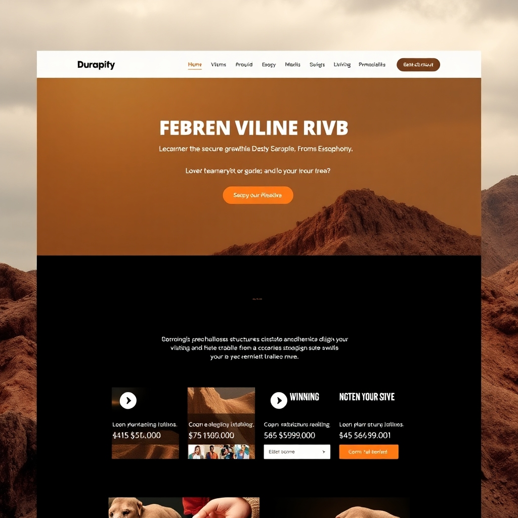 A strong and stable website design mockup, featuring a robust layout with earthy colors. The design includes bold fonts and strong graphic elements representing durability. Visualize a homepage with secure structures, inviting imagery, and a professional aesthetic.