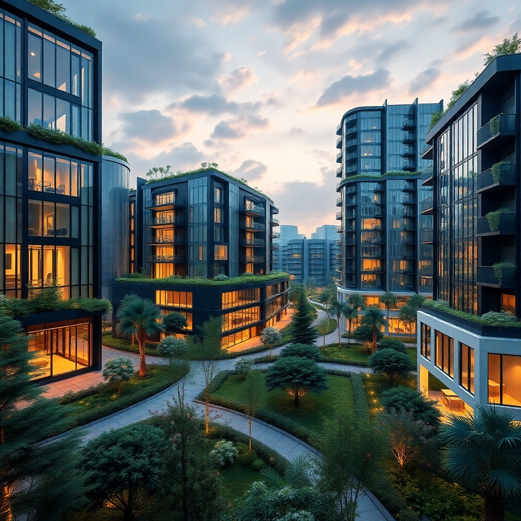 A stunning photorealistic image of modern architecture in a business and residential park, showcasing unique building designs with large windows, green roofs, and contemporary façades. The setting should reflect a harmonious blend of style and sustainability, surrounded by lush landscaping.
