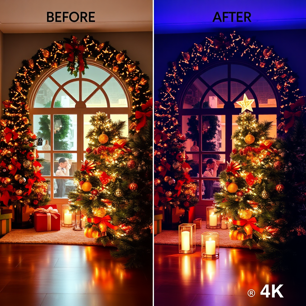 A stylized image showcasing a before-and-after transformation. On one side, a standard Christmas photo; on the other, the same photo enhanced with artistic AI filters, such as a watercolor effect or a vintage film grain. Vibrant colors and dynamic lighting showcase the power of artistic enhancement. The background is a split-screen, clearly differentiating the original and the enhanced version. Technical specs: 4K resolution, high dynamic range.