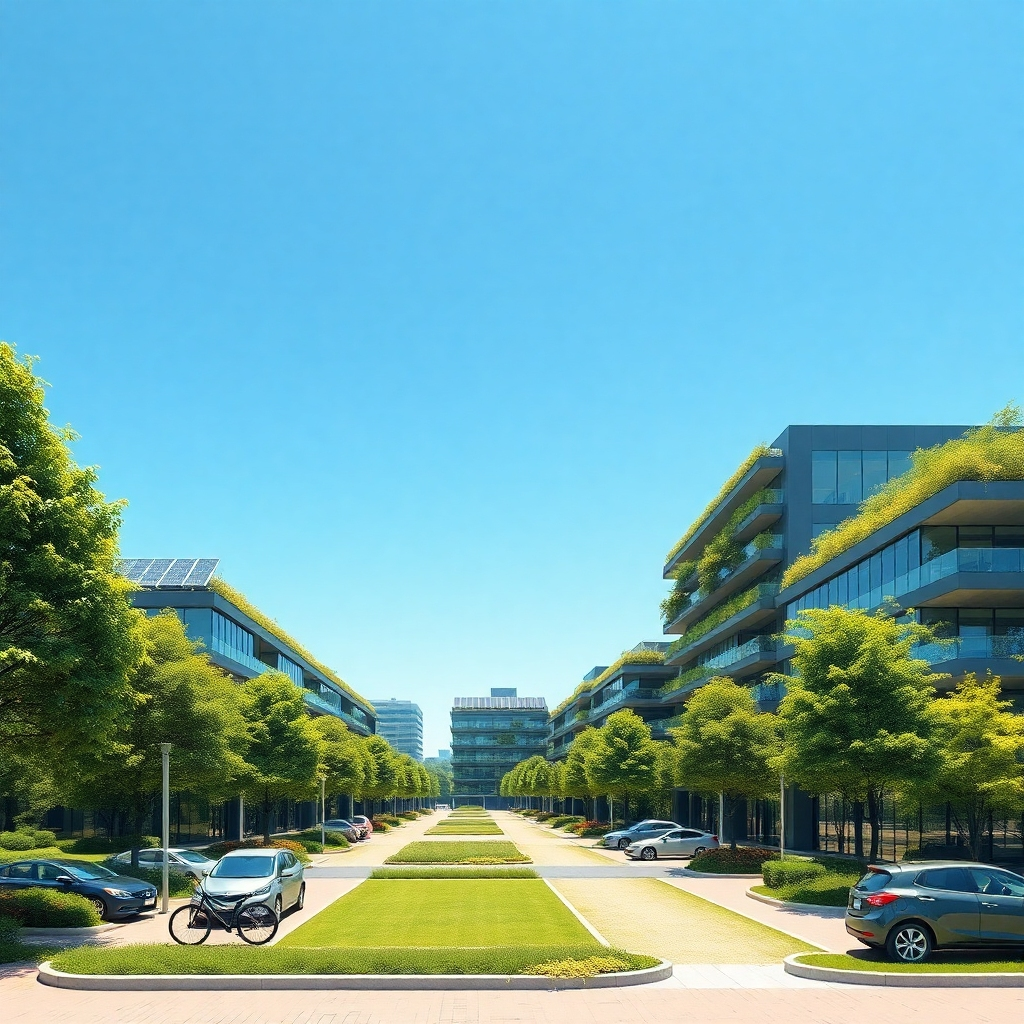 A sustainable business park scene featuring green buildings integrated with nature. Showcase solar panels on roofs, lush trees, and eco-friendly transportation like bicycles and electric cars. The sky is bright blue, emphasizing a clean and healthy environment.