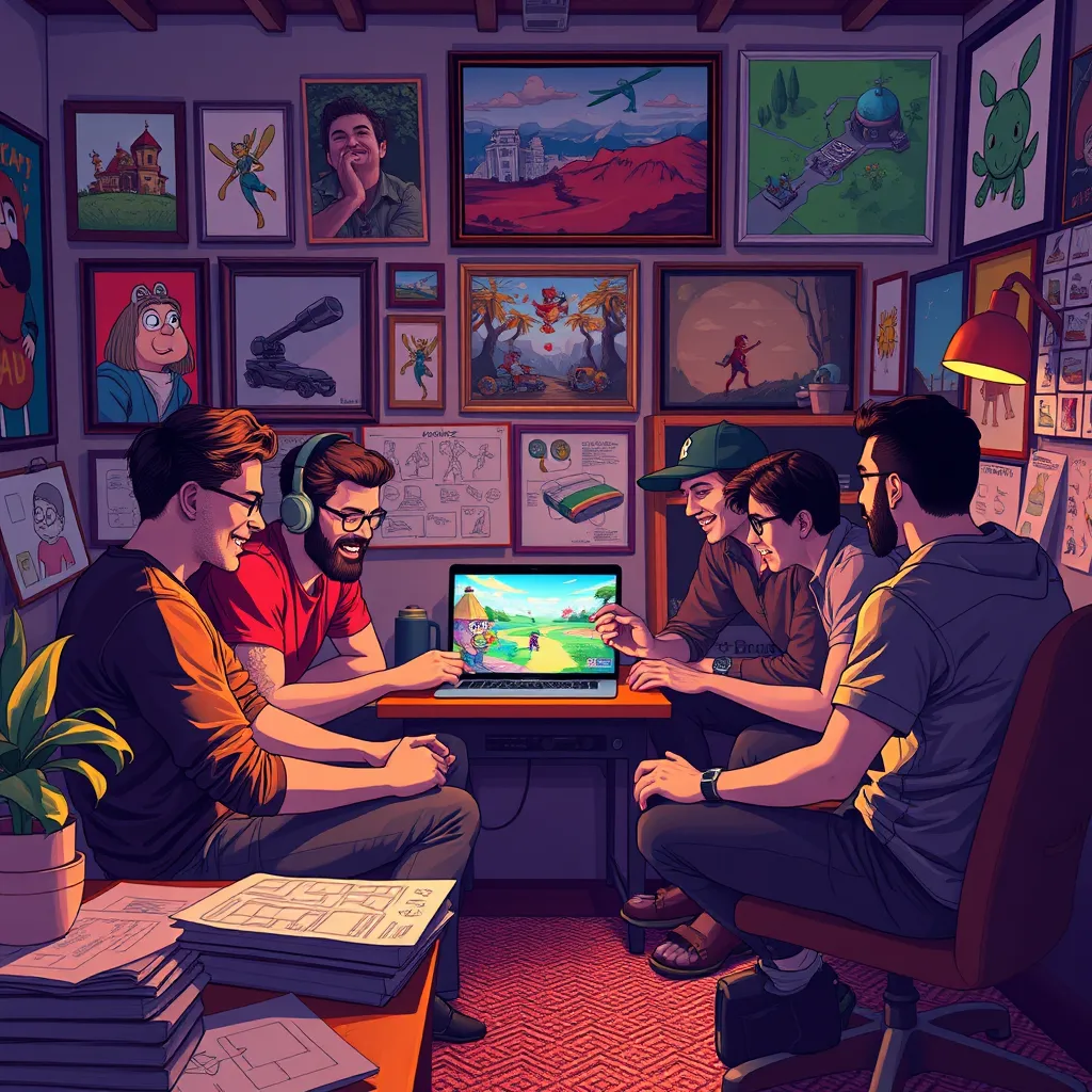 A vibrant, artistic scene of a group of indie game developers collaborating in a cozy office space, surrounded by artworks and game design sketches. They are animatedly discussing ideas with a laptop showing their game in the center.