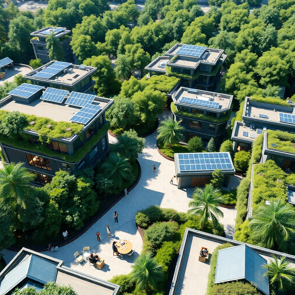 A vibrant, modern business park surrounded by lush greenery and sustainable architecture. Include people working outdoors, solar panels on roofs, and greenery integrated into building designs, showcasing an eco-friendly atmosphere.