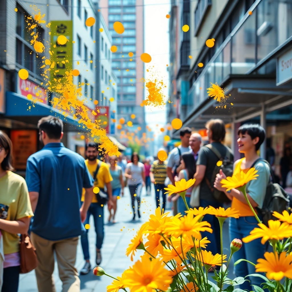 A vibrant, photorealistic image featuring splashes of yellow and orange in a lively urban setting. Include elements like flowers blooming in these colors and people engaging joyfully, conveying energy and vibrancy in a community space.