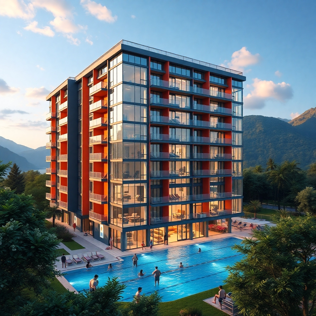 A vibrant apartment building set against a picturesque backdrop of nature. The facade should feature large windows showcasing breathtaking views. Include people engaging in activities like swimming at a nearby water park and children playing in a park, blending urban life with outdoor enjoyment.
