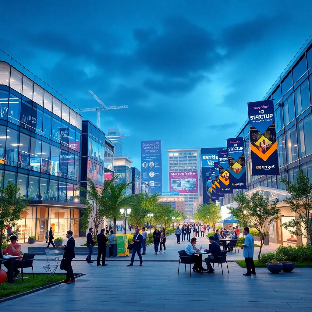 A vibrant business park bustling with activity, featuring modern office buildings, professionals collaborating outside, and high-tech facilities; banners of startups and innovation zones, symbolizing a thriving ecosystem for business growth.
