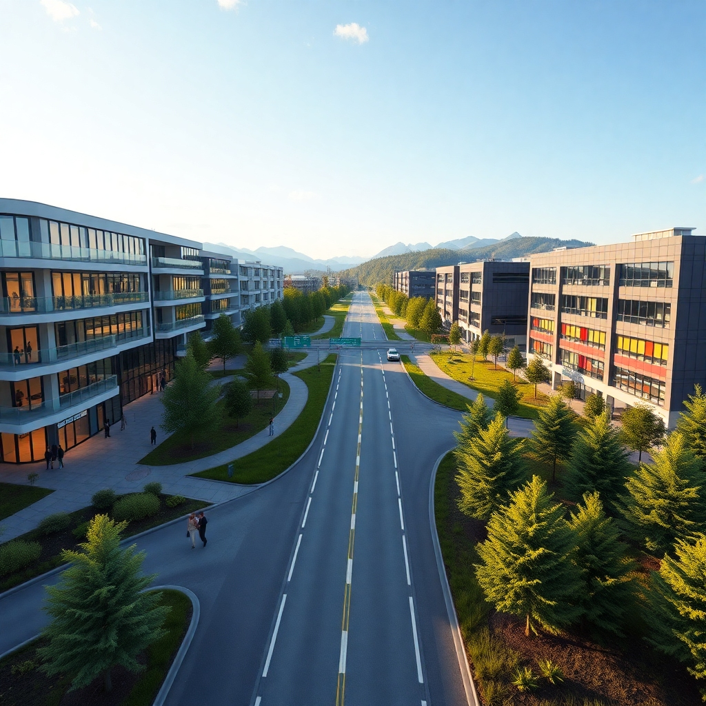 A vibrant business park in Norway showcasing modern buildings, green spaces, and clear access to the E6 highway. Include people engaging in business discussions, and an inviting environment filled with trees and landscaping, reflecting a sense of growth and opportunity.