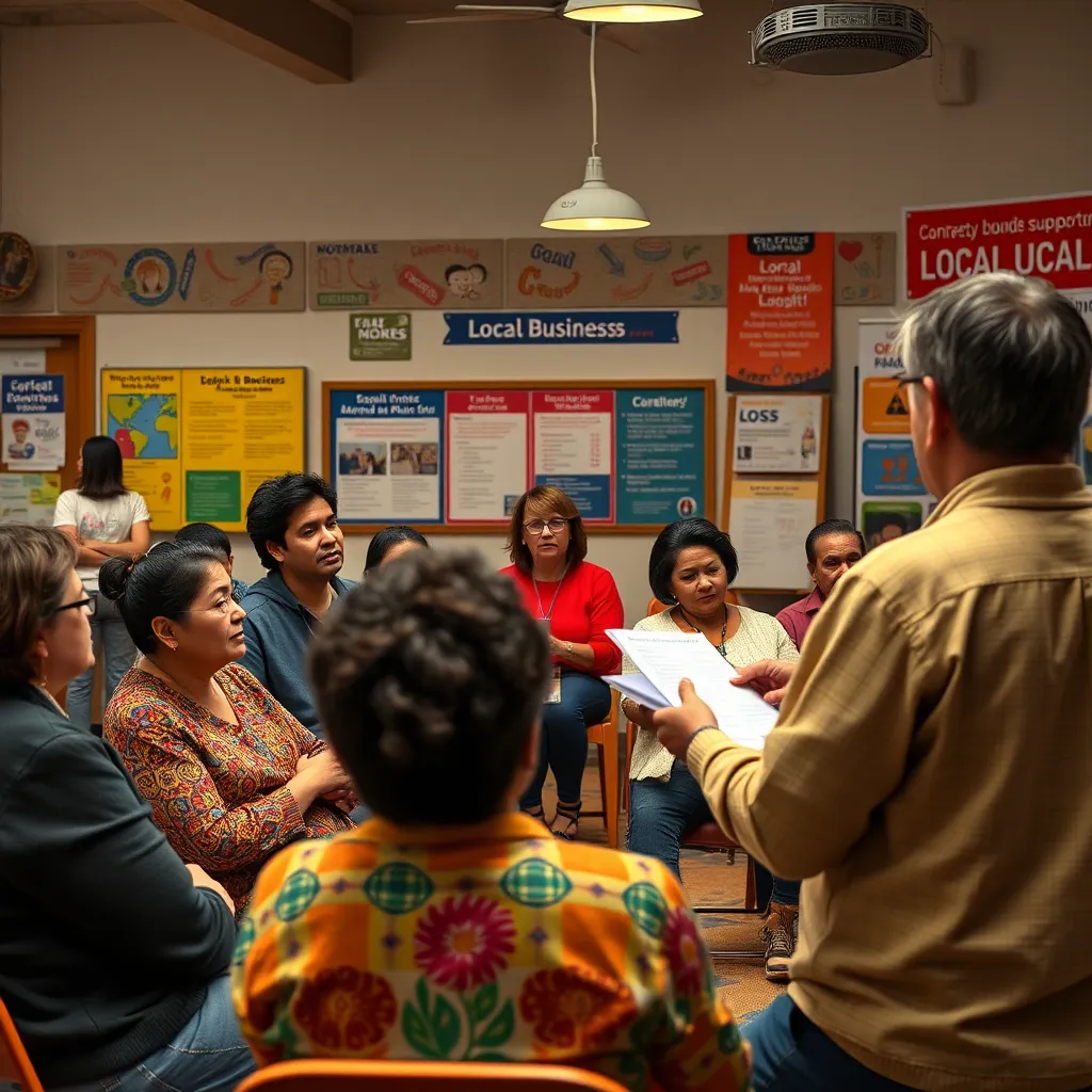 A vibrant community center where a local business workshop is taking place. People are engaged, asking questions, and listening to a speaker who is explaining the benefits of supporting local businesses. Colorful informational posters and brochures are visible in the background.