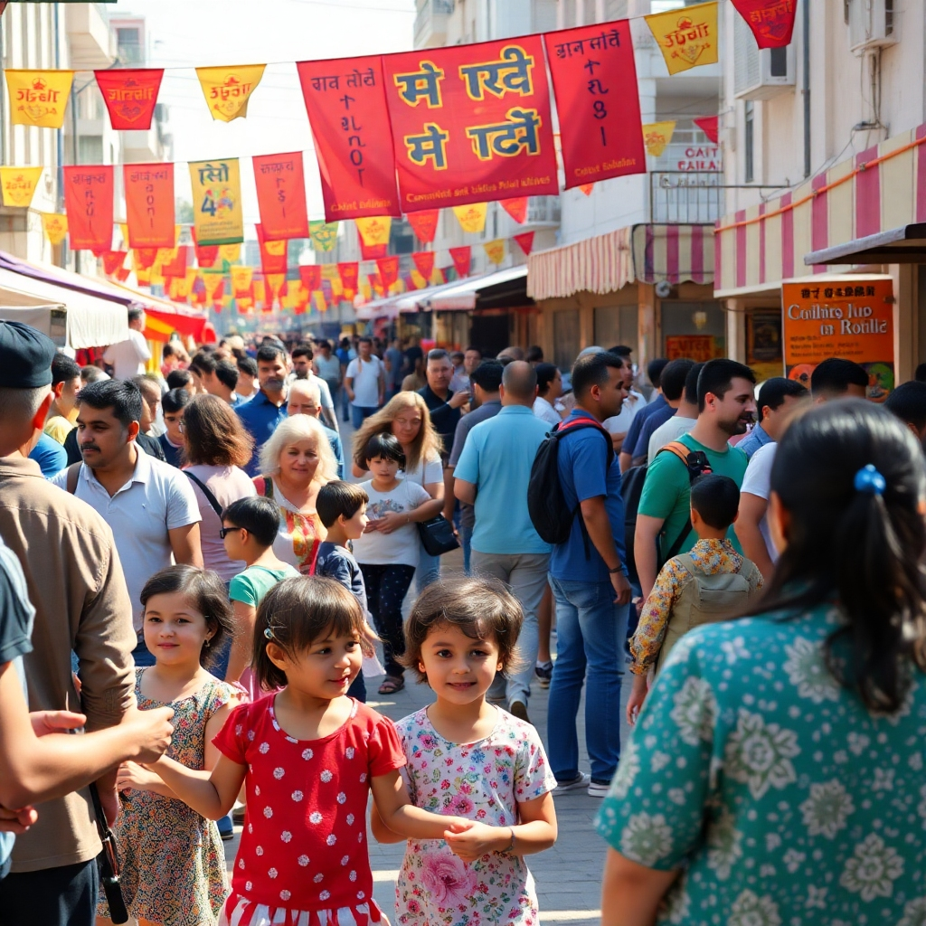 A vibrant community event in Rovdas, showcasing a gathering of diverse residents participating in fun activities, food stalls, and social interactions. Include children playing, adults conversing, and colorful banners that emphasize community spirit and connection.