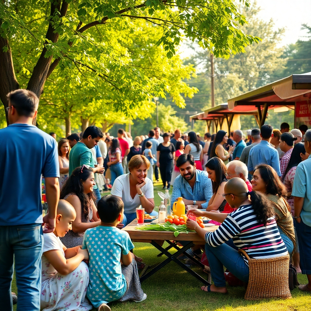 A vibrant community gathering in a park setting, with families and individuals of all ages participating in various activities, such as picnicking, playing games, or interacting with local vendors, surrounded by lush greenery and smiling faces.