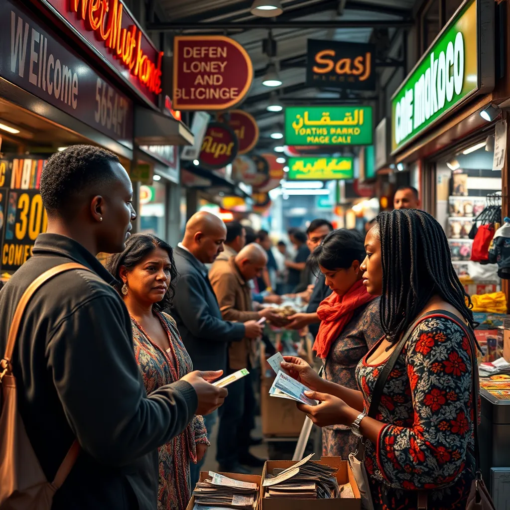 A vibrant community market scene with small local business stalls. Shoppers of diverse backgrounds are interacting with local vendors. Visible currency exchanges and business cards symbolize economic transactions within the community. The background features lively shops with welcoming signs.