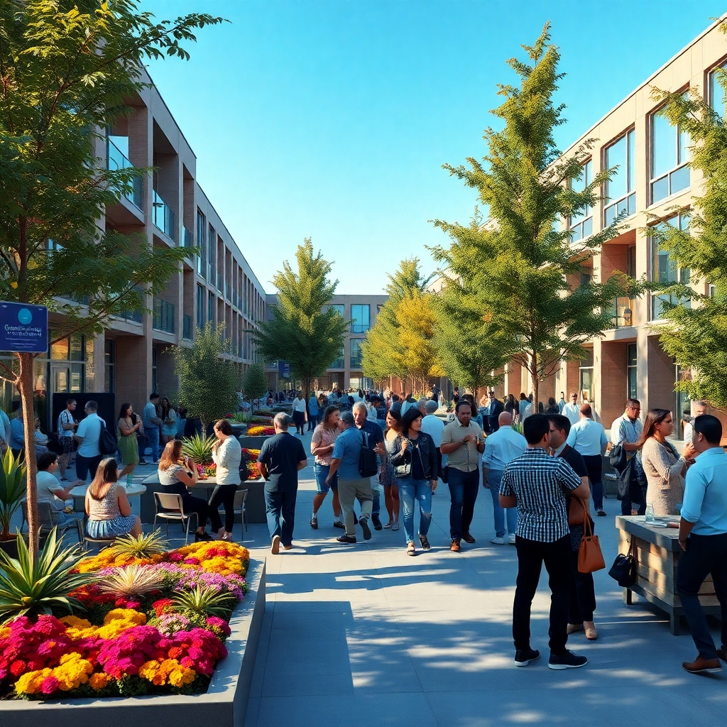 A vibrant community scene in a business park, featuring diverse groups of people interacting, collaborating, and networking. Include communal spaces like outdoor seating areas, trees, and colorful flower beds, under a clear blue sky to evoke a sense of unity and collaboration.