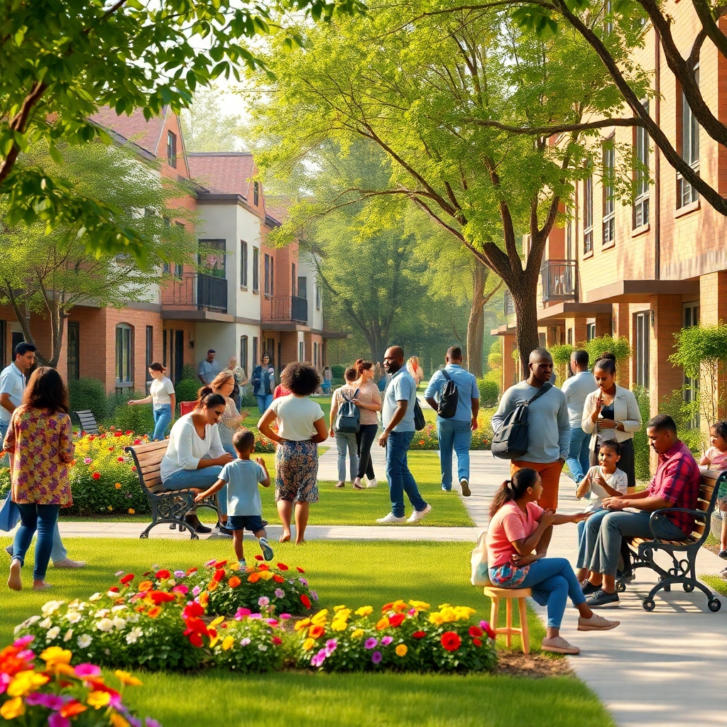 A vibrant community space within a residential area, showcasing people of diverse backgrounds socializing and enjoying a park. Include families with children playing, young adults engaging in community activities, and inviting green spaces with benches and flowers.