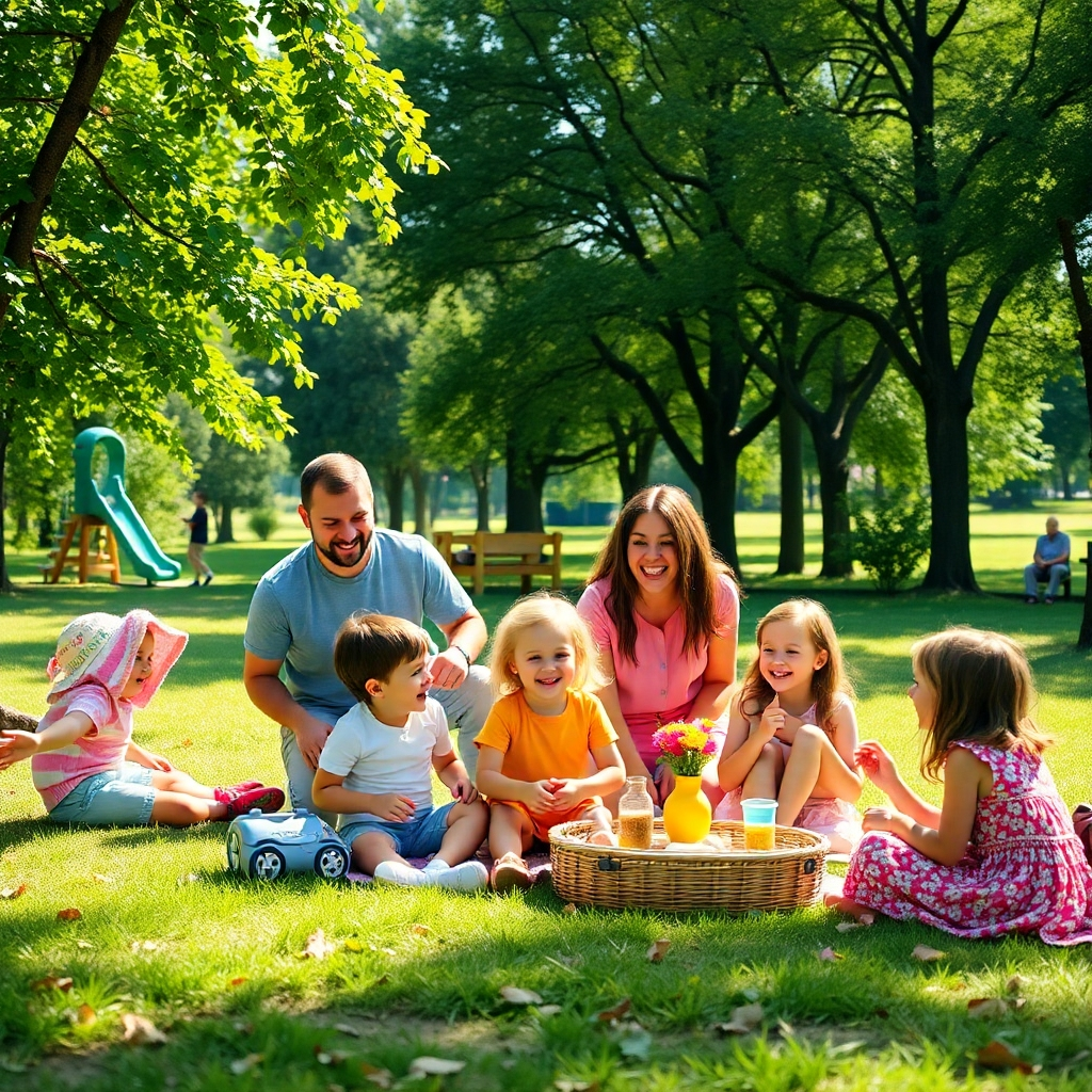 A vibrant family scene in a park, showcasing joyful families with children playing and laughing, surrounded by lush greenery and trees. Include elements like picnic setups, playground equipment, and bright sunshine to emphasize a joyful atmosphere.
