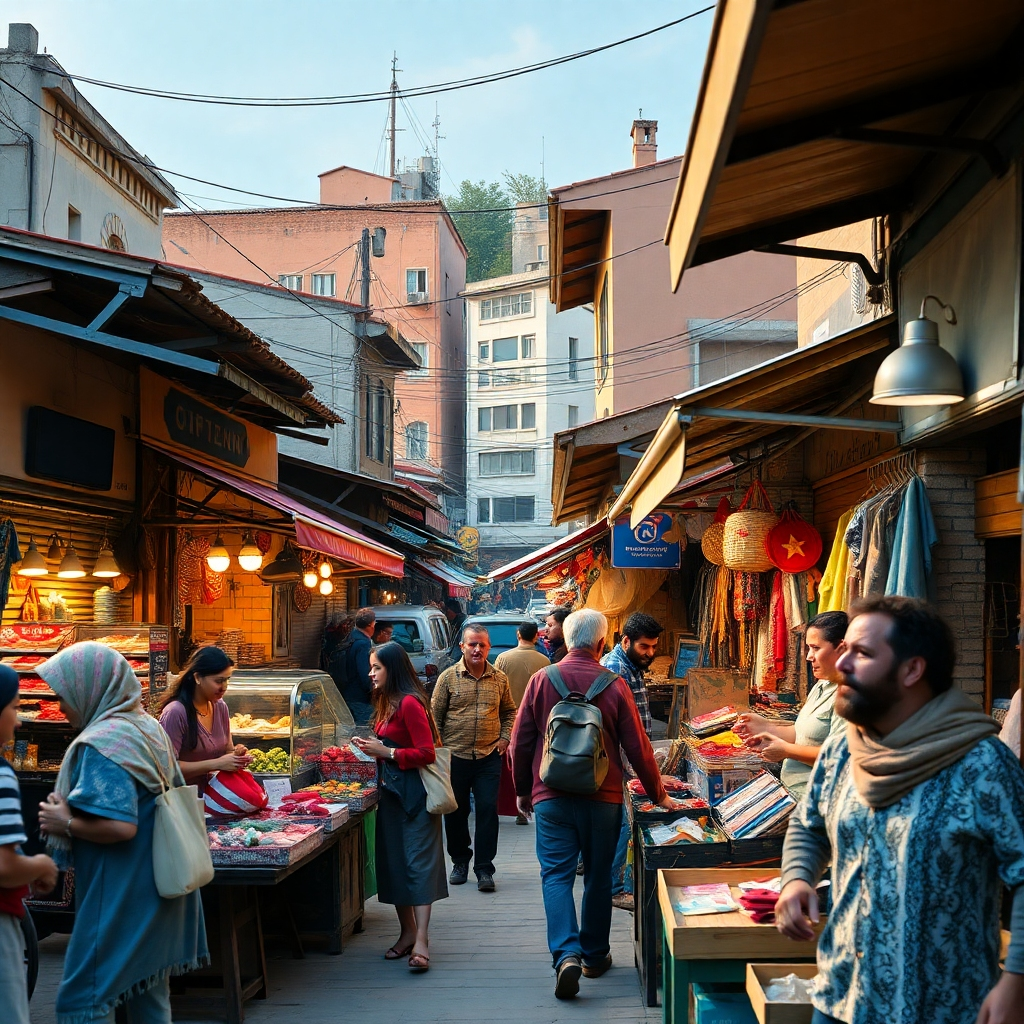 A vibrant local market scene in Rovdas with small businesses and people engaging with local vendors. Families and friends are shopping, socializing, and enjoying community events. Warm colors and lively atmosphere showcase the strength of the local economy and community spirit.