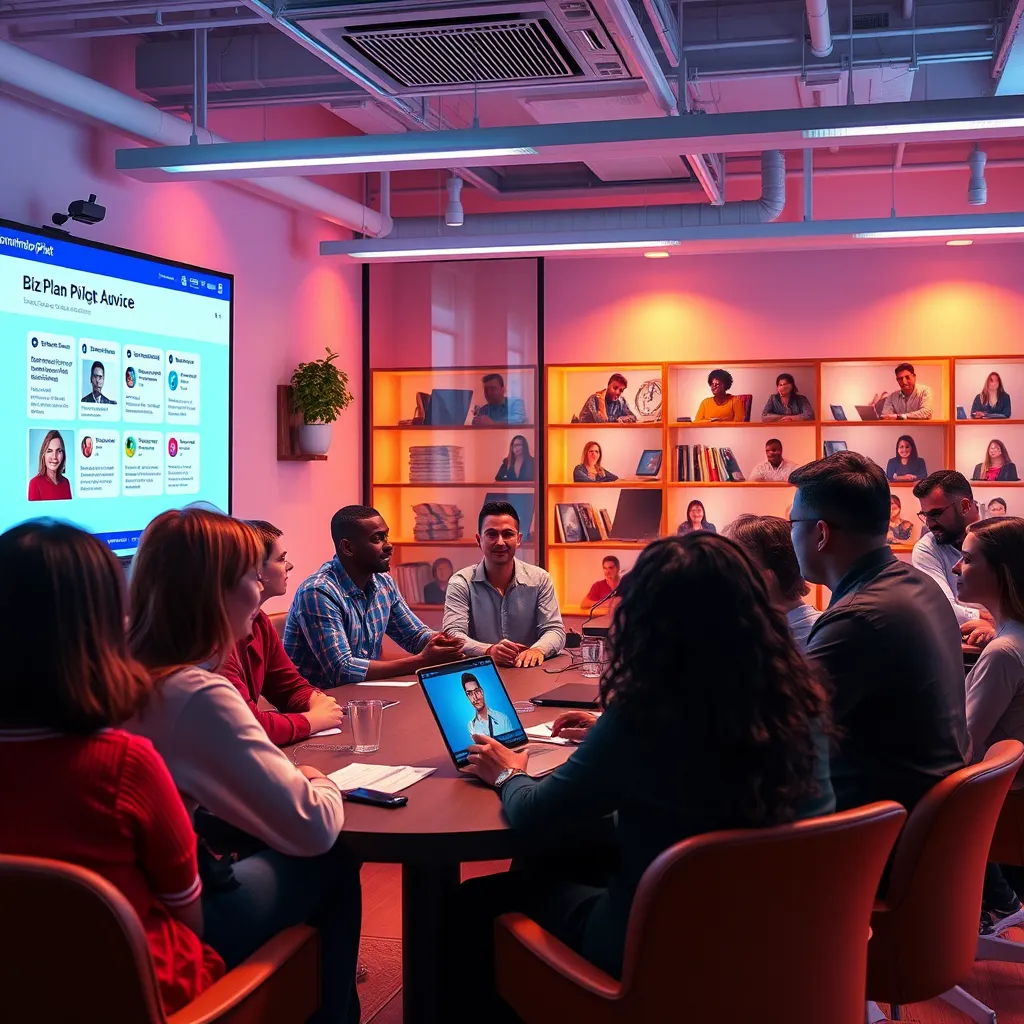 A vibrant online community forum scene, with users discussing and sharing advice in a virtual chat room. Include a diverse group of entrepreneurs engaging in conversation, with bright, engaging colors and screens displaying the BizPlanPilot community platform.