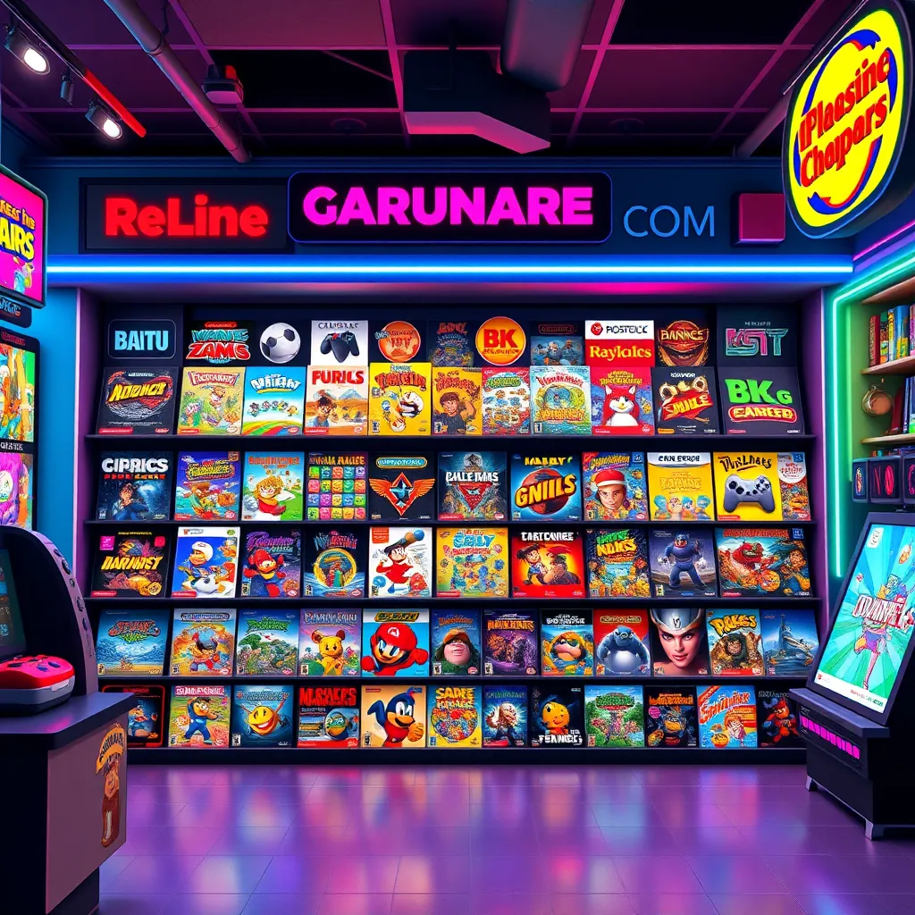 A vibrant online marketplace interface showcasing various retro video game covers, including popular classic game titles. The background should have a nostalgic 80s and 90s theme, with pixel art elements and bright colors representing the retro gaming culture.