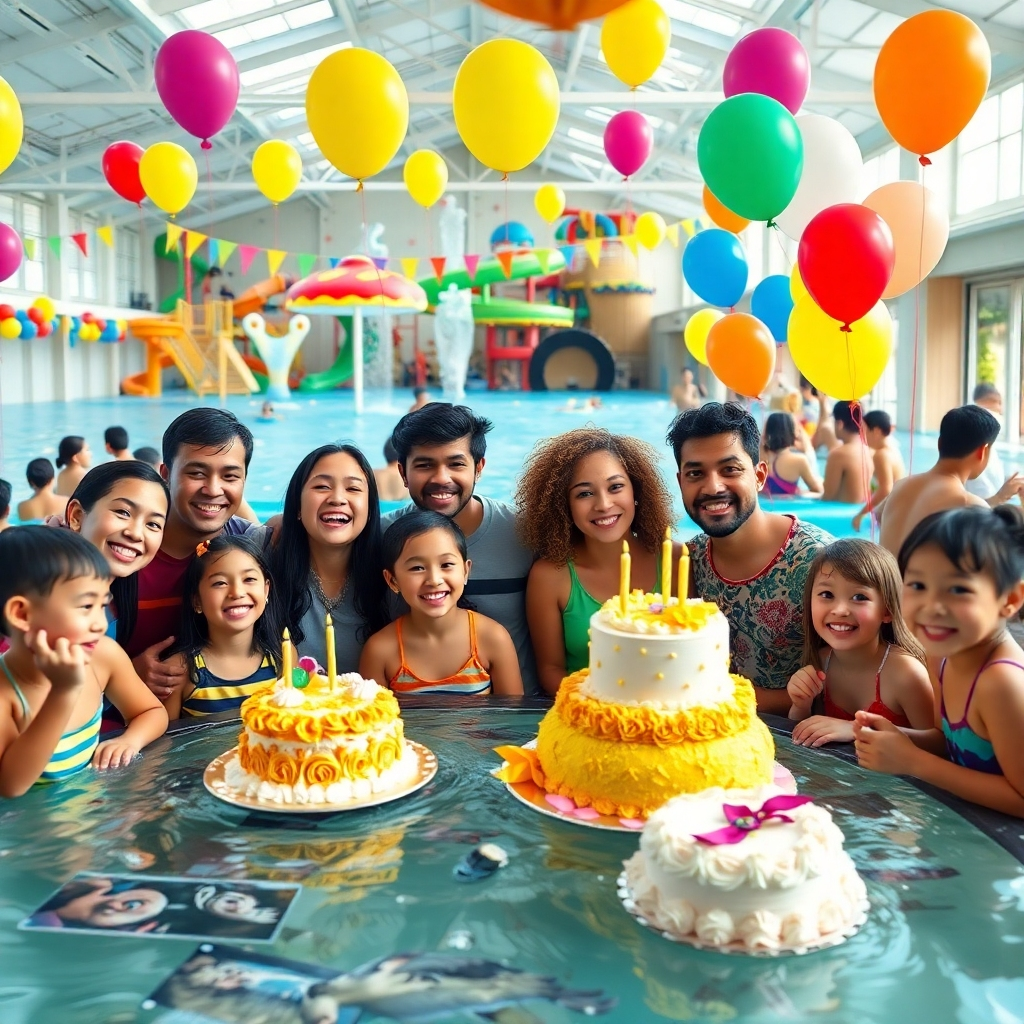 A vibrant party scene at an indoor water park, featuring families and friends celebrating together, colorful decorations, cakes, and balloons, with water activities in the background, capturing the joy and social atmosphere of the venue.