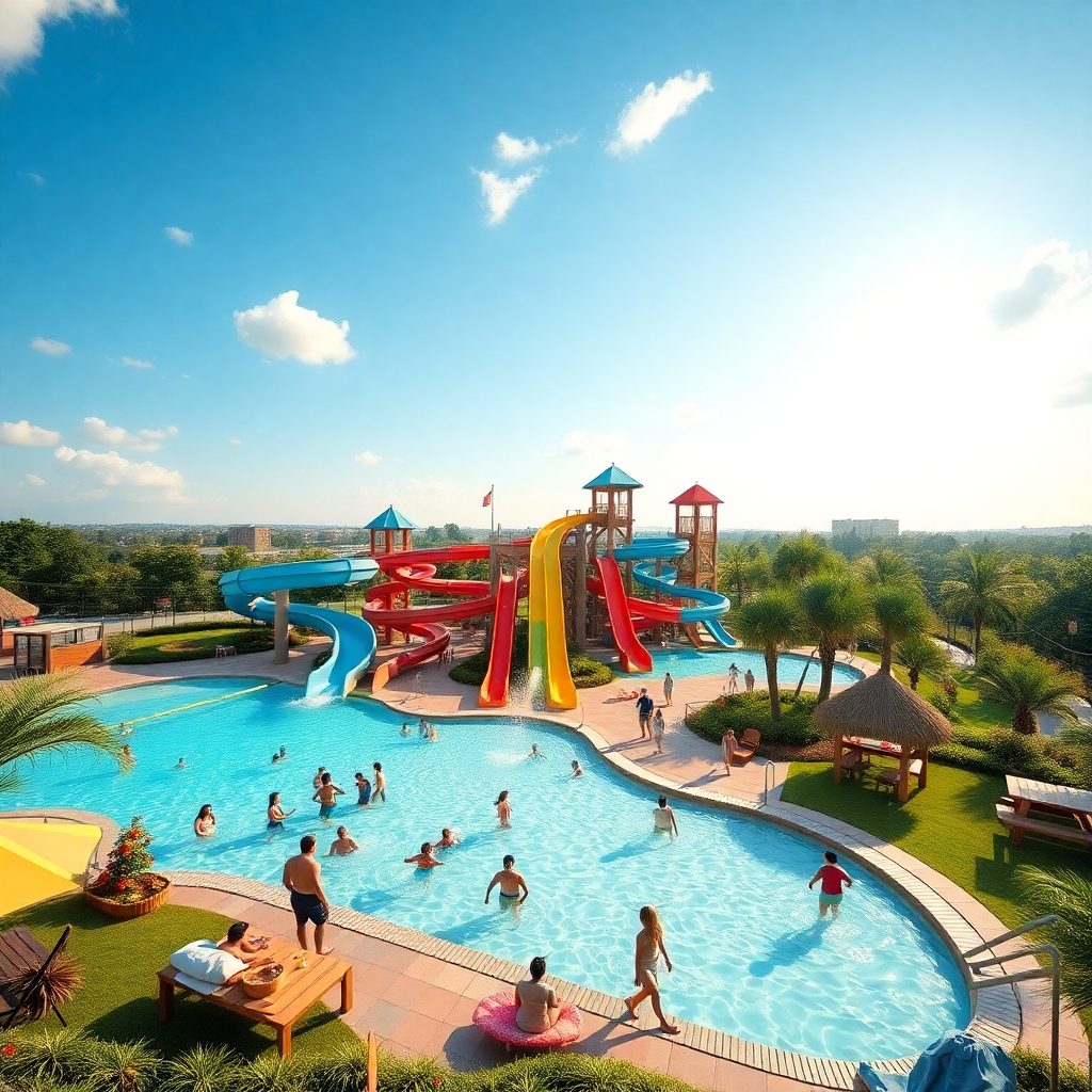 A vibrant photorealistic image of a recreational area within a business park, featuring a water park with slides and pools. Include families enjoying their time, alongside symbols of leisure like sunbathing and picnic areas, surrounded by lush greenery.
