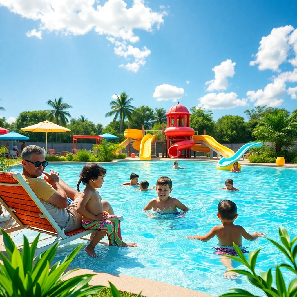 A vibrant scene depicting a family enjoying a sunny day at a water park, with children playing in the water and parents relaxing on lounge chairs. Include lush greenery around the area, showcasing the natural beauty of the environment.