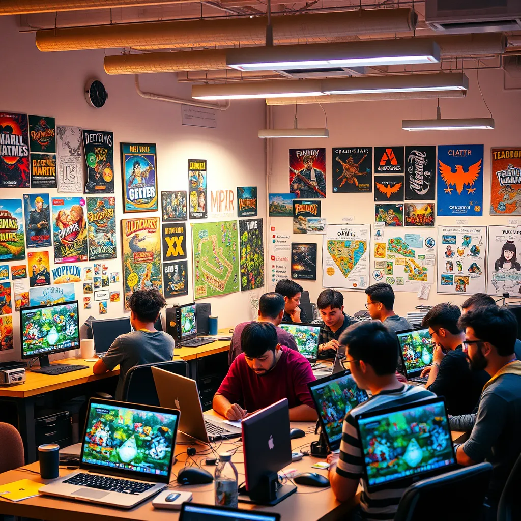 A vibrant scene of a diverse group of indie game developers collaborating in a brightly lit workspace, surrounded by colorful game artwork and laptops displaying game designs, showcasing creativity and community focus. Visual elements include posters of indie games, idea brainstorming boards, and a warm, inviting atmosphere.
