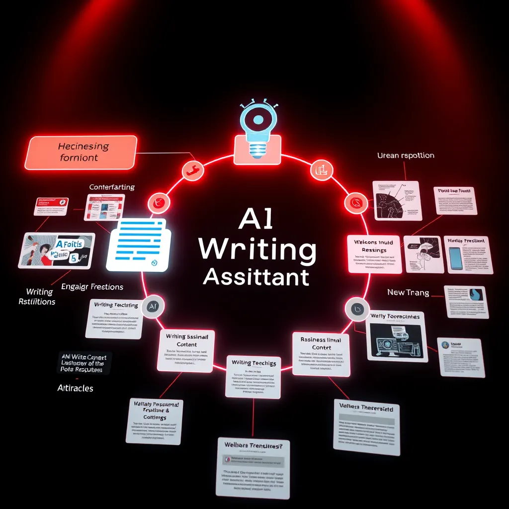 A visualization of an AI writing assistant generating content for a blog. Illustrate a flowchart showing the process of data input, AI analysis, and output, surrounded by various business-related keywords and engaging graphics of articles.