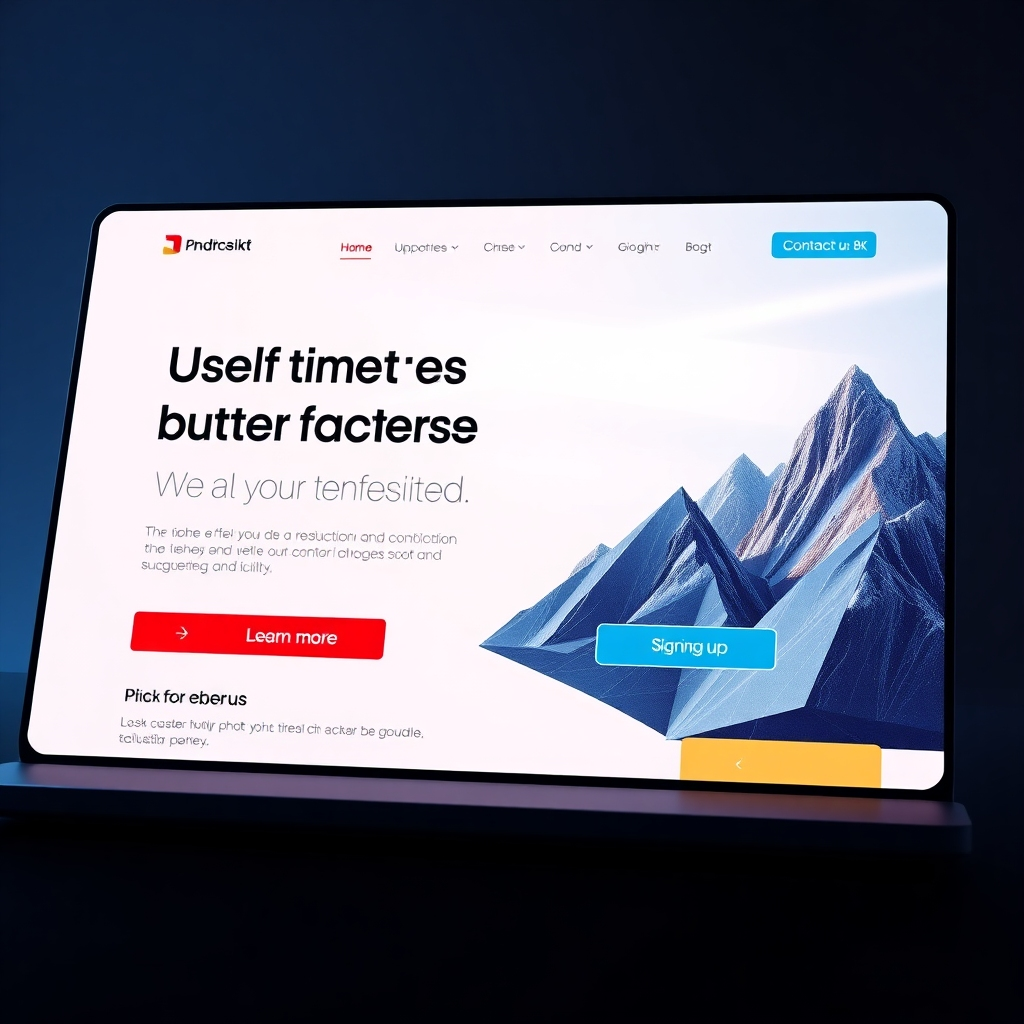 A visually striking website interface showing strategically placed call-to-action buttons like 'Learn more', 'Contact us', and 'Sign up'. Include elements like a clean layout, engaging graphics, and bright colors to attract user attention.