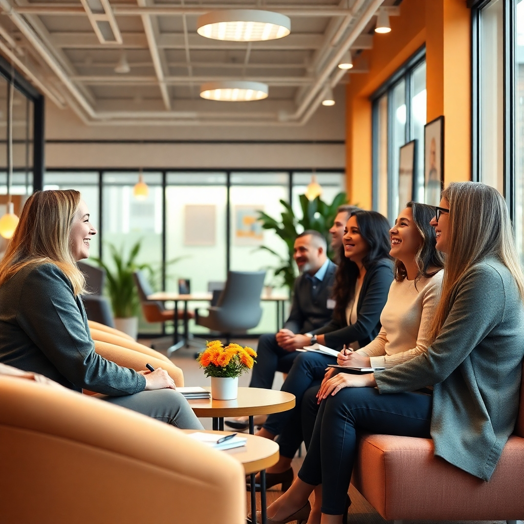 A warm and inviting office environment, showcasing friendly interactions between employees and clients, with bright colors, soft furniture, and welcoming decorations. Include smiling faces and a sense of teamwork and cooperation in a professional business setting.