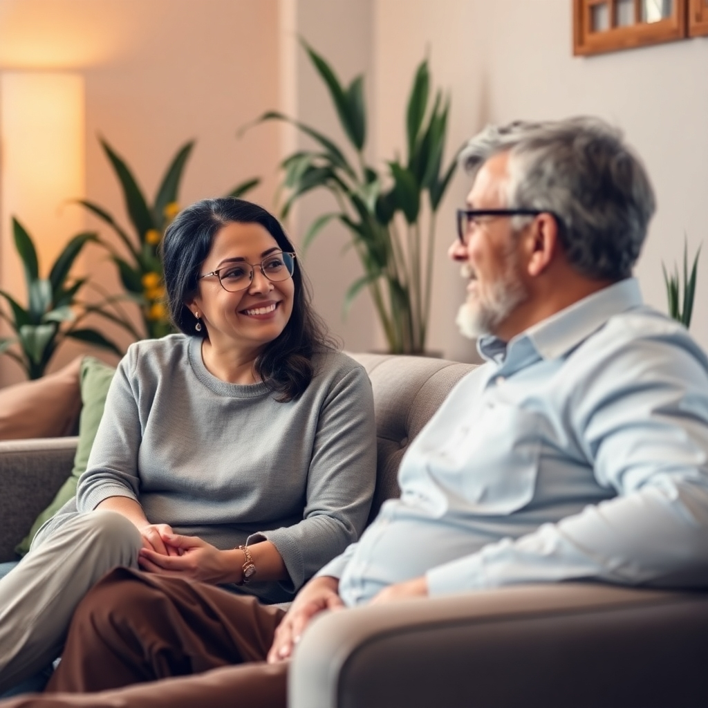 A warm image of a coach engaging one-on-one with a client in a comfortable setting, surrounded by calming decor such as plants and soft lighting. The color palette incorporates warm tones to promote a relaxed atmosphere. The camera angle captures both the coach and client in a close-up, highlighting their engaged expressions. Textures include soft fabrics from the seating and natural elements in the environment, creating a welcoming vibe.