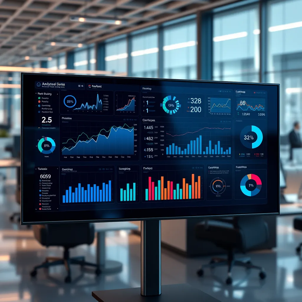 An advanced analytics dashboard displaying real-time data metrics on a futuristic screen. Include graphs, pie charts, and performance indicators, set against a backdrop of a modern office to reflect a high-tech business environment.