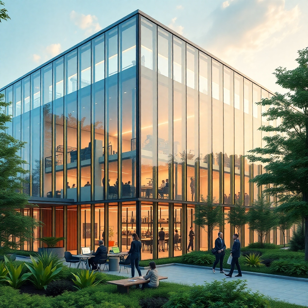 An advanced and stylish office building with innovative designs, showcasing modern architecture with large glass facades and smart technology features. Include people collaborating and using technology, illustrating a cutting-edge work environment, with greenery surrounding the building.
