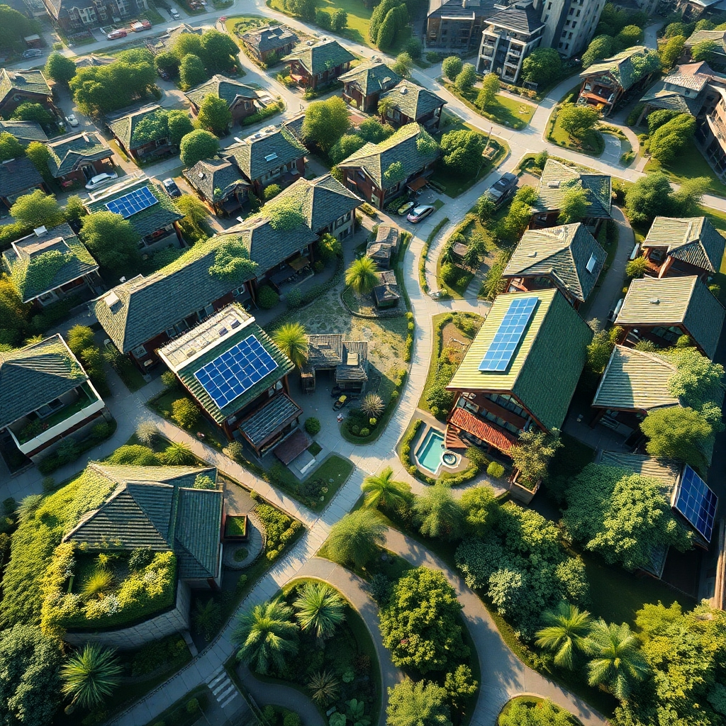 An aerial view of a modern eco-friendly neighborhood with lush green roofs, solar panels, and landscaped gardens, interspersed with walking paths and community spaces, illustrating a harmonious blend of nature and urban living.