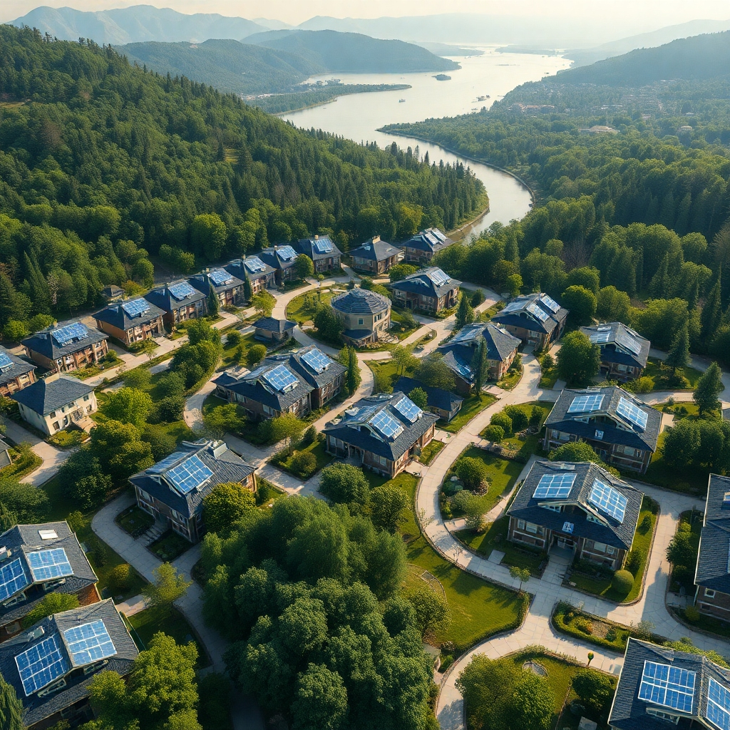 An aerial view of a sustainable housing community with solar panels, green roofs, and permeable walkways. Surround this community with preserved natural landscapes like forests and rivers, depicting a symbiosis of development and nature.