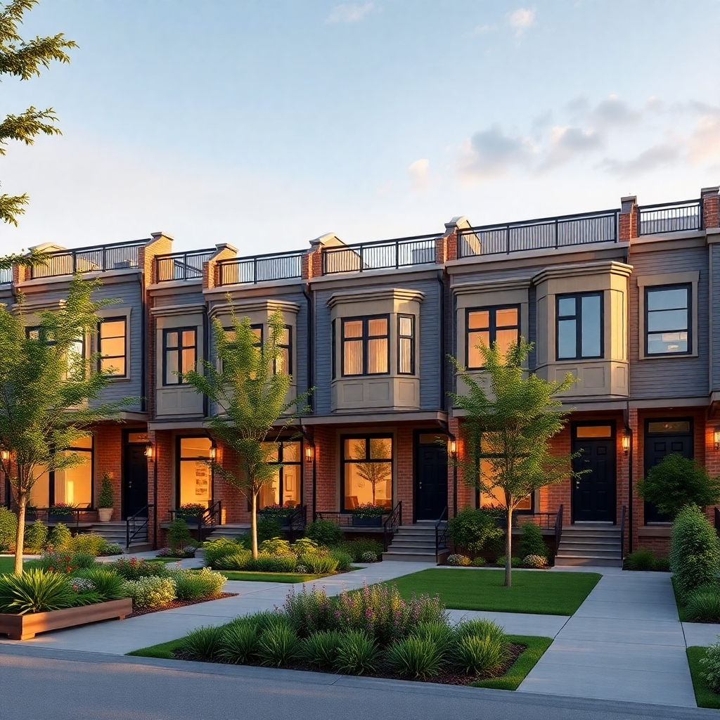 An elegant row of townhouses showcasing contemporary architectural design. Each unit should have a small garden or balcony, with shared green spaces in front. The setting should feel warm and welcoming, with people enjoying the community atmosphere, emphasizing neighborhood interaction.