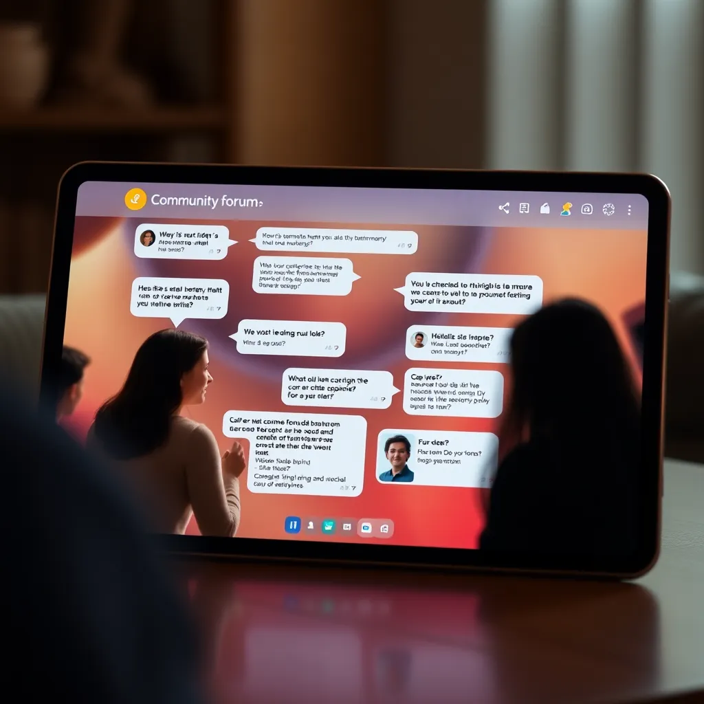 An engaging community forum interface on a digital device, showcasing active discussions and user interactions. The screen should display users exchanging ideas, with speech bubbles containing text. Include a warm, welcoming color palette that invites participation.