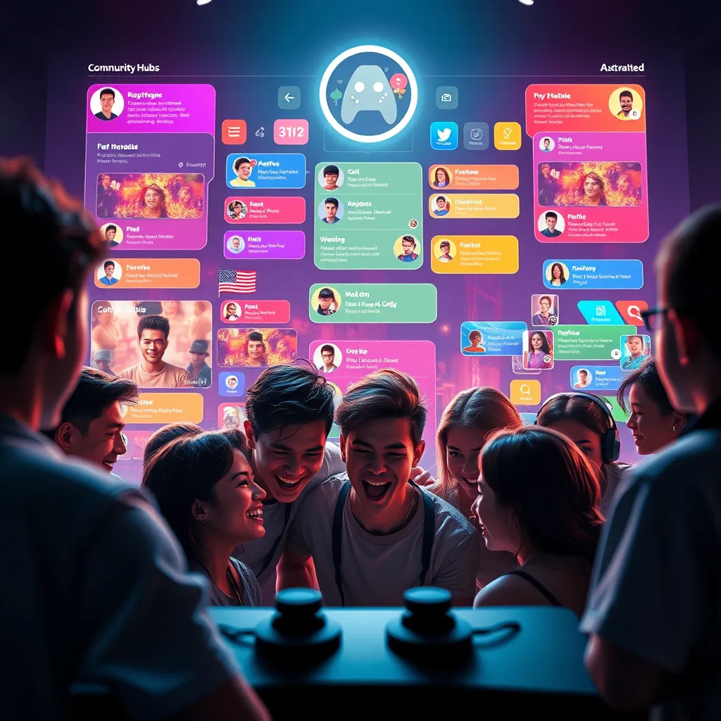 An engaging community hub interface displaying player profiles, chat bubbles overflowing with vibrant colors, and avatars. In the foreground, a group of gamers are shown interacting through a console, with excitement on their faces, capturing the essence of connection and community.