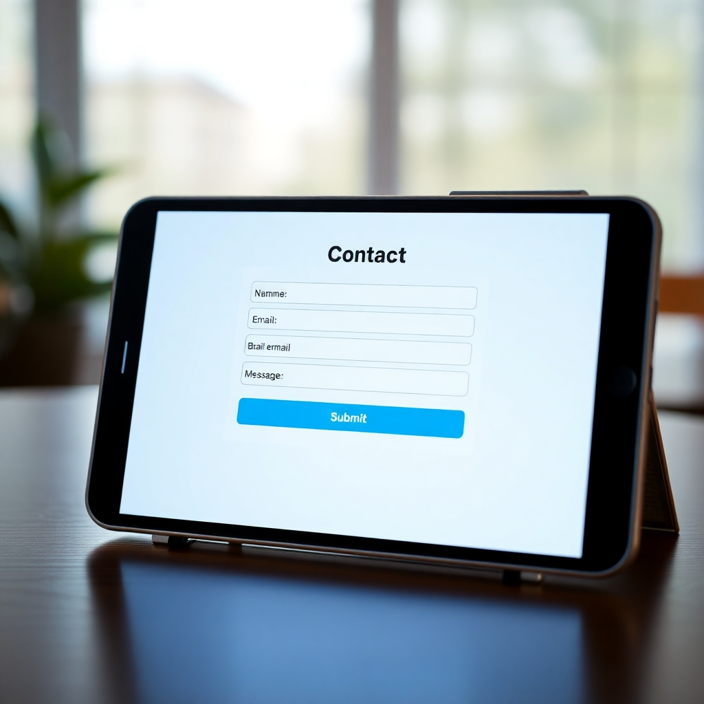 An engaging visual of a user-friendly contact form displayed on a digital device screen. The form should feature fields for name, email, and message, with a prominent 'Submit' button. The setting should be bright and inviting, symbolizing ease of communication.