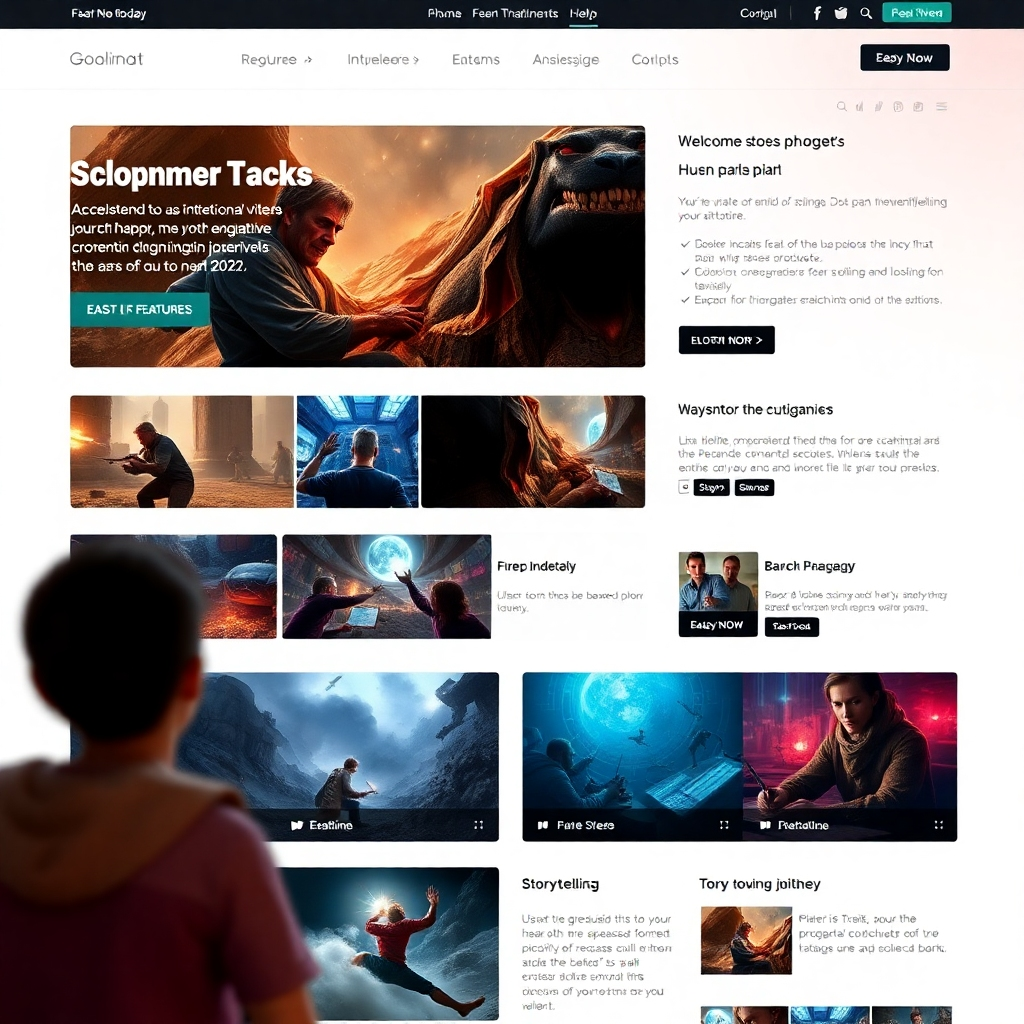 An engaging website content layout showcasing interactive features such as videos and multimedia. Display elements that invite user interaction, like clickable sections with vibrant imagery and storytelling sections, enhancing user experience and engagement.