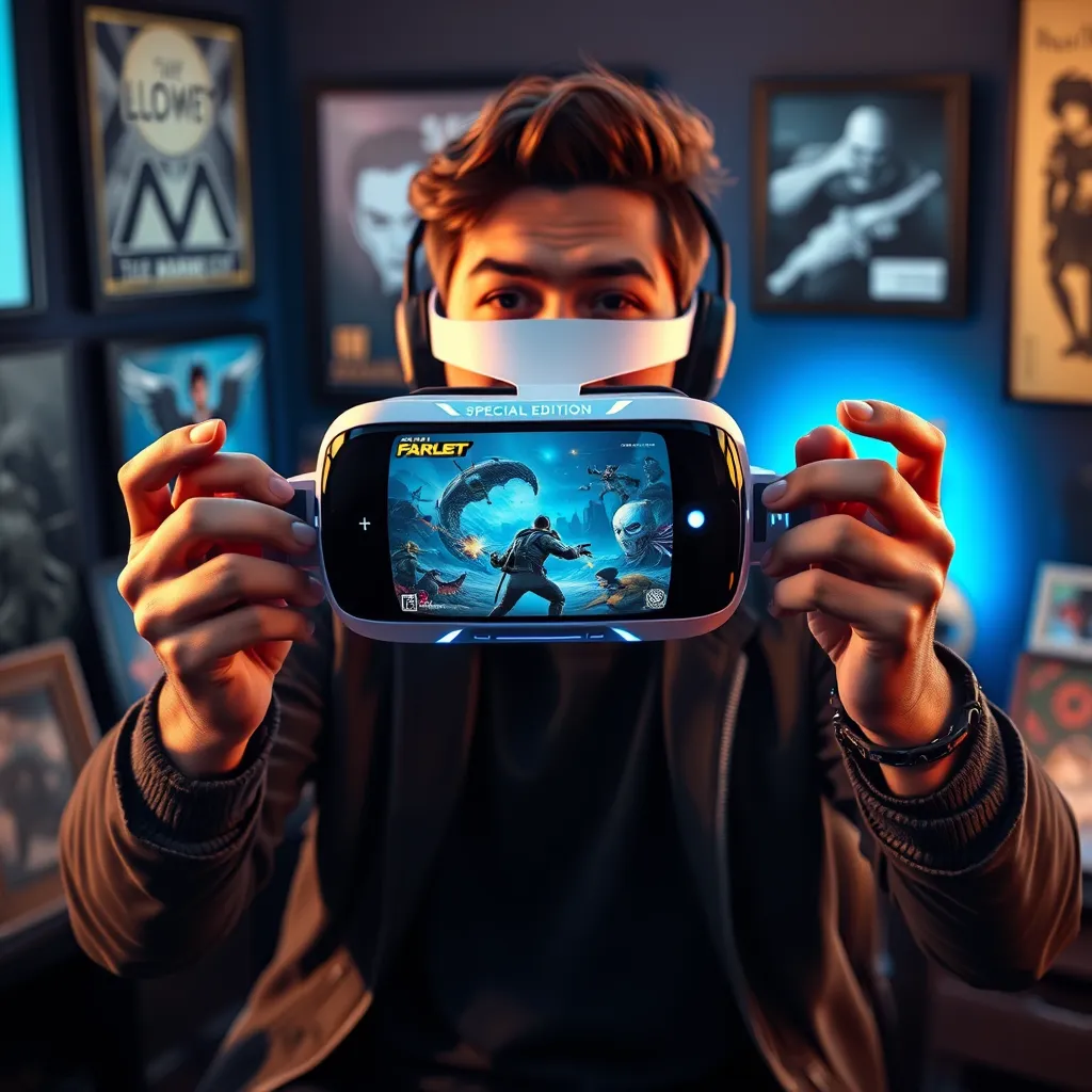 An excited gamer showcasing a special edition VR game on a sleek digital device, surrounded by exclusive merchandise such as limited edition artwork and collectibles. The scene highlights the thrill of being an early adopter in a futuristic, stylish gaming setup.