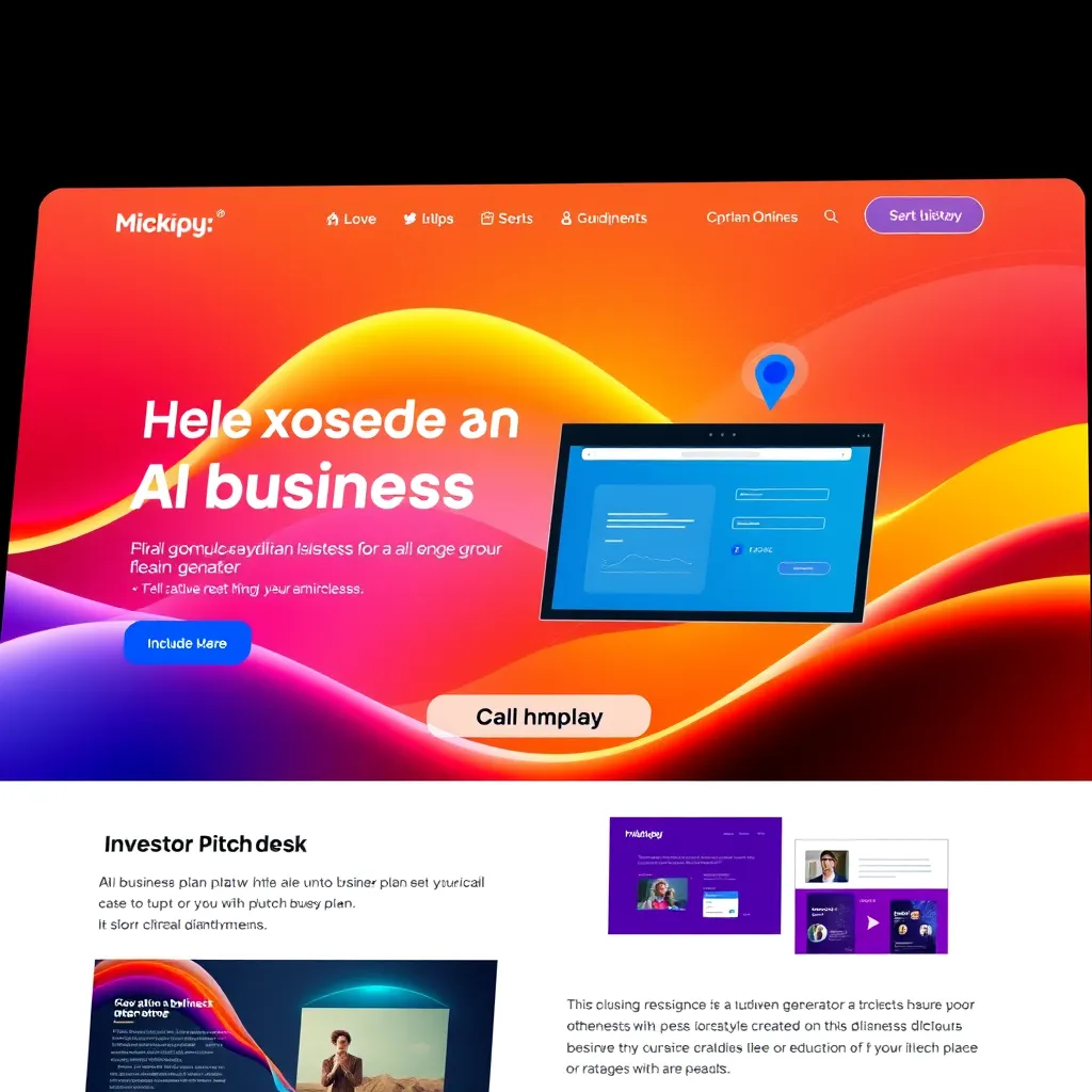 An eye-catching webpage mockup featuring dynamic visuals alongside brief, bold text. Display elements such as the AI business plan generator and investor pitch deck, with vibrant colors and smooth graphics. Include a call-to-action button prominently, drawing the viewer's attention.