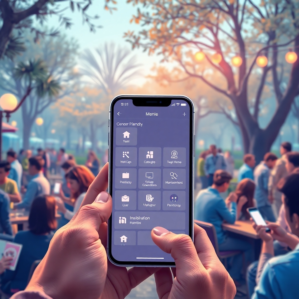 An illustration of a mobile phone displaying a user-friendly navigation menu. The screen shows clearly labeled icons and categories, surrounded by people interacting with their phones in various environments like cafes and parks.