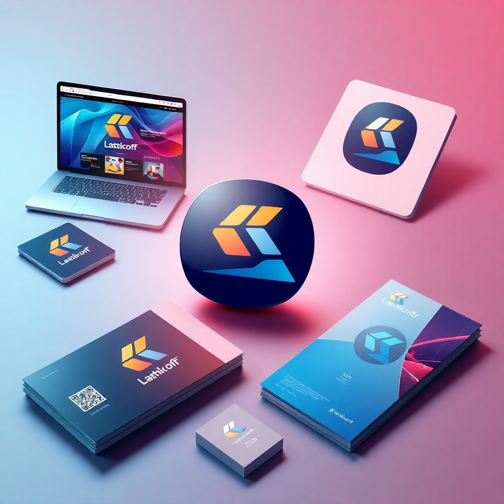 An illustration showing the logo prominently displayed on various platforms such as a website, business cards, and printed flyers. The logo should be central and visually striking, demonstrating its effective application across different mediums with a consistent branding theme.