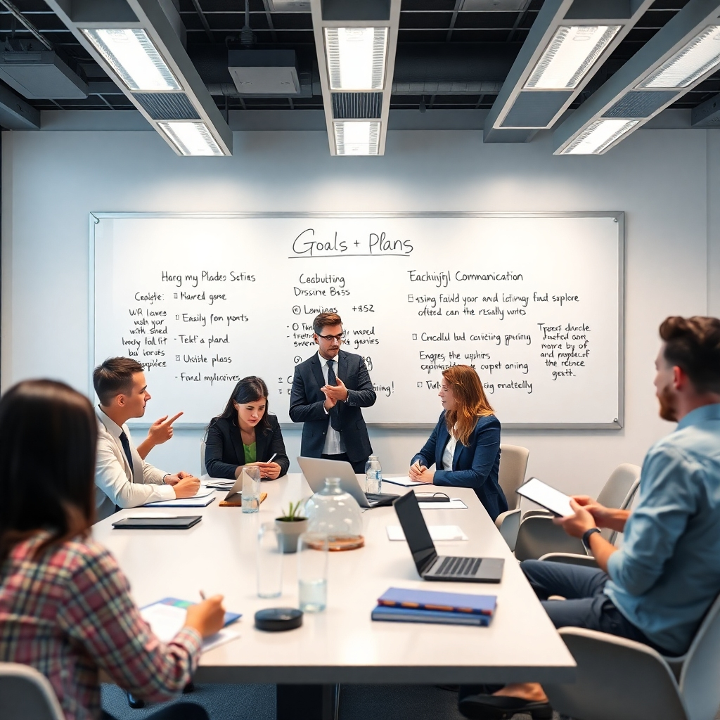 An image of a well-organized meeting room with a whiteboard displaying clearly written goals and plans. Include individuals engaged in discussion, taking notes, and using digital devices, emphasizing clarity and purposeful communication in a collaborative setting.