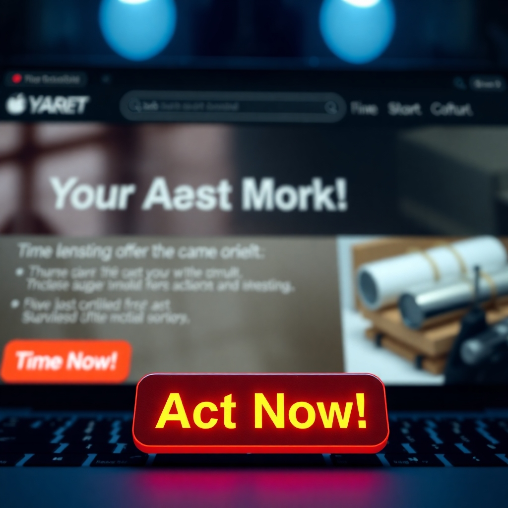 An impactful scene depicting urgency in call-to-action buttons on a website, with text such as 'Act Now!' in bold colors like red or orange, set against a background of a time-sensitive offer or product.